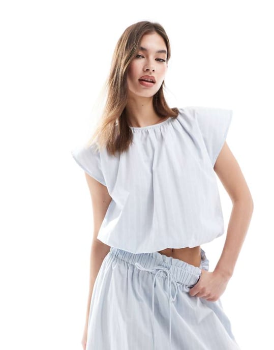 ASOS DESIGN elasticated waist co-ord top in blue and white stripe - Image 1