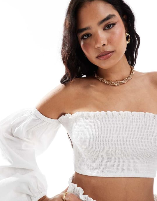 ASOS DESIGN shirred off shoulder co-ord top in white - Image 2
