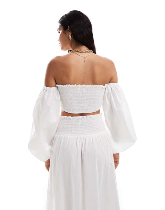ASOS DESIGN shirred off shoulder co-ord top in white - Image 3