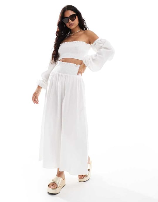 ASOS DESIGN shirred off shoulder co-ord top in white - Image 4