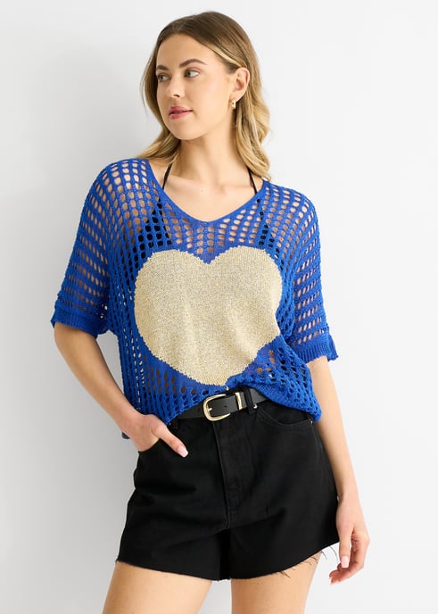 Blue Fish Net Heart Pattern Crochet Top - Image 2