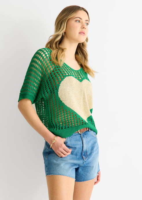 Green Fish Net Heart Pattern Crochet Top - Image 3