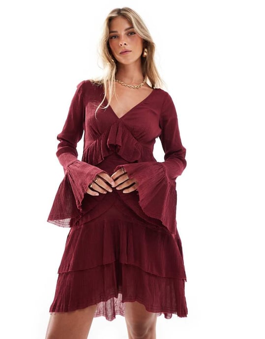 ASOS DESIGN v-neck mini dress with tiered skirt and lace detail in burgundy - Image 1