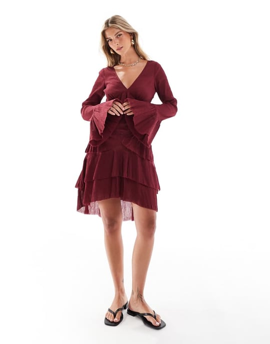 ASOS DESIGN v-neck mini dress with tiered skirt and lace detail in burgundy - Image 4