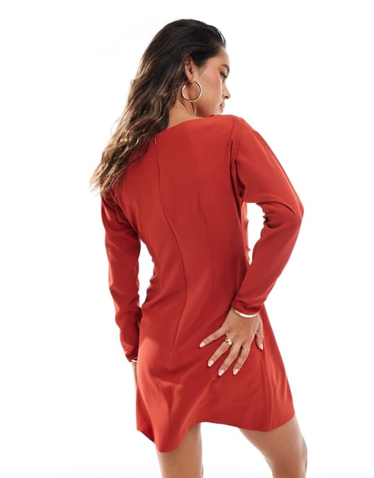 ASOS DESIGN slash neck knot detail mini dress in red ochre - Image 3