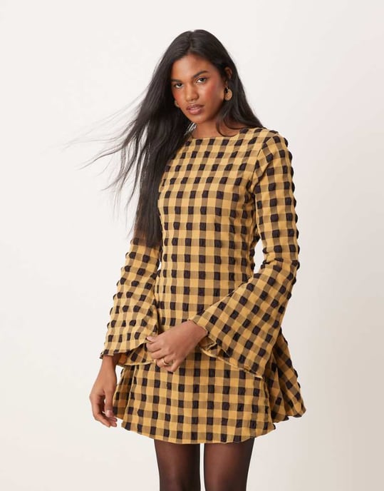 ASOS DESIGN textured mini dress with fluted sleeve in black and yellow check - Image 1
