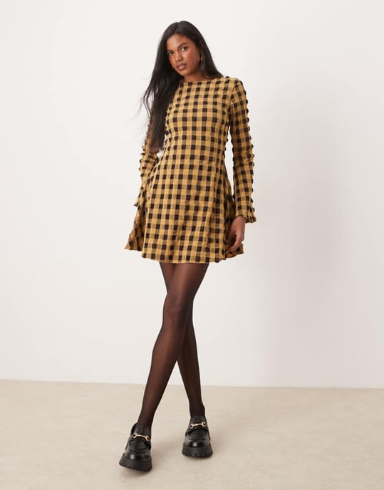 ASOS DESIGN textured mini dress with fluted sleeve in black and yellow check - Image 3
