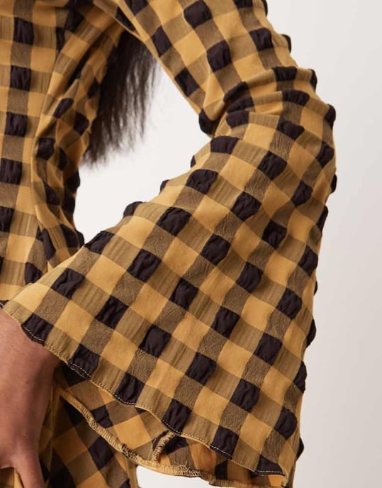 ASOS DESIGN textured mini dress with fluted sleeve in black and yellow check - Image 4