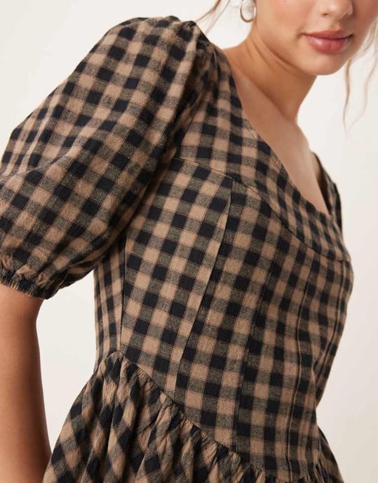 ASOS DESIGN corset waist mini smock dress in brown and black gingham - Image 3