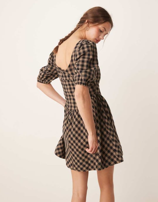 ASOS DESIGN corset waist mini smock dress in brown and black gingham - Image 4