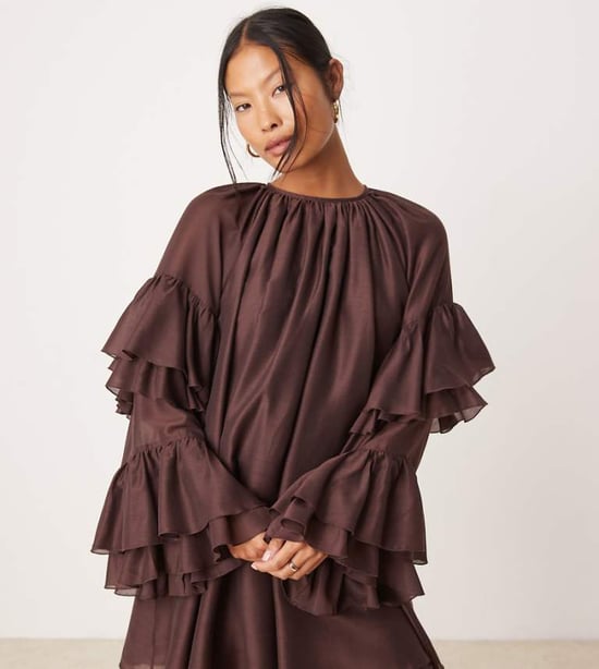 ASOS DESIGN Petite frill sleeve voile mini dress in chocolate - Image 1