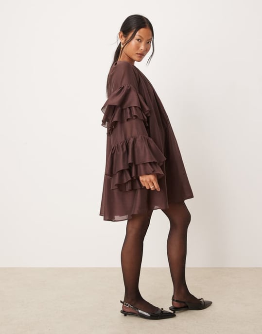 ASOS DESIGN Petite frill sleeve voile mini dress in chocolate - Image 3