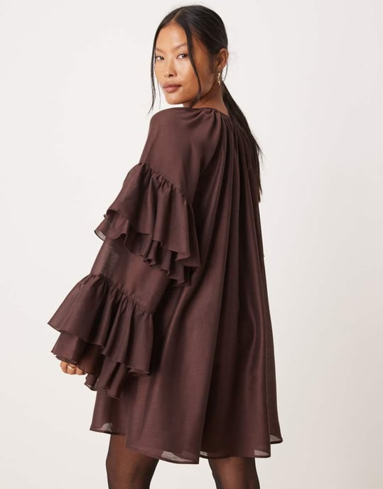 ASOS DESIGN Petite frill sleeve voile mini dress in chocolate - Image 4
