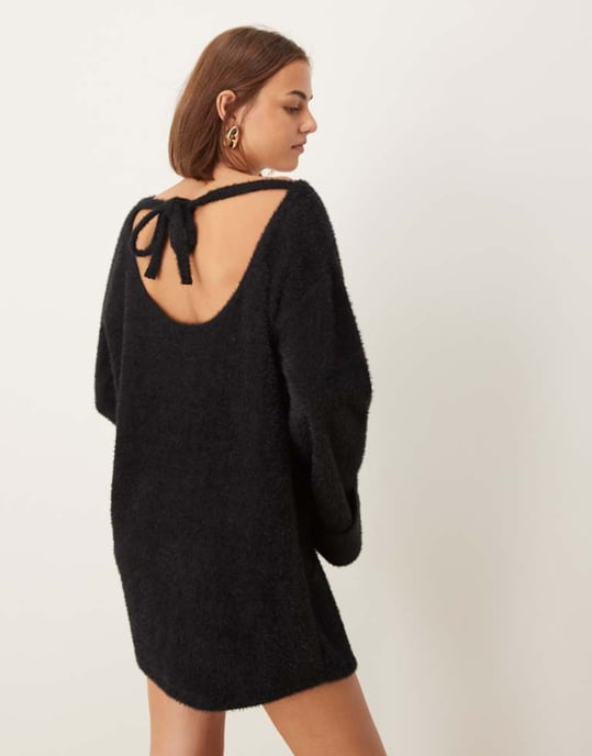 ASOS DESIGN supersoft fluffy slouchy mini jumper dress in black - Image 1