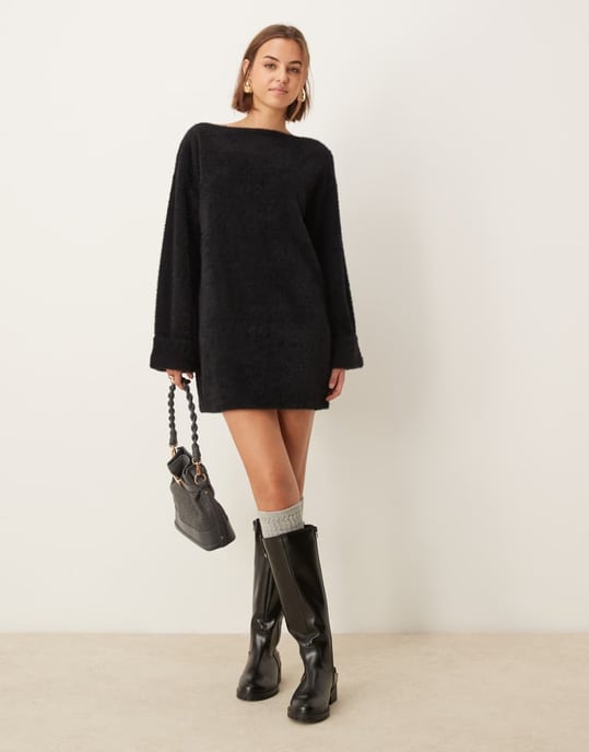ASOS DESIGN supersoft fluffy slouchy mini jumper dress in black - Image 2
