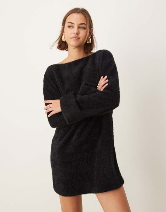 ASOS DESIGN supersoft fluffy slouchy mini jumper dress in black - Image 4