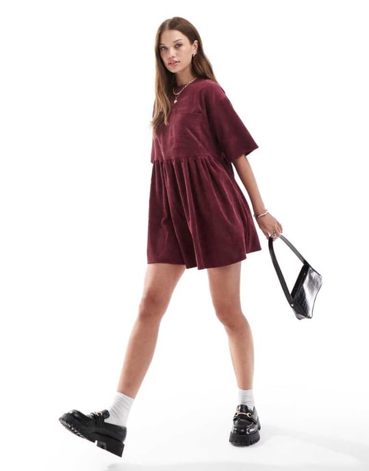ASOS DESIGN cord t-shirt mini dress in burgundy - Image 1