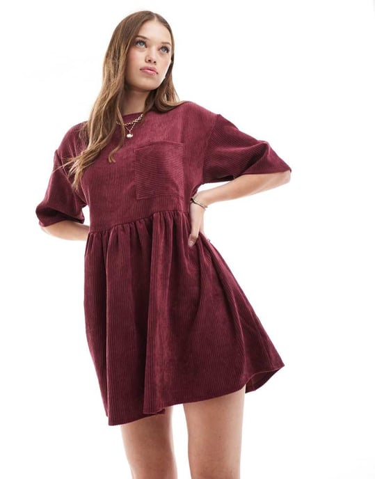 ASOS DESIGN cord t-shirt mini dress in burgundy - Image 3