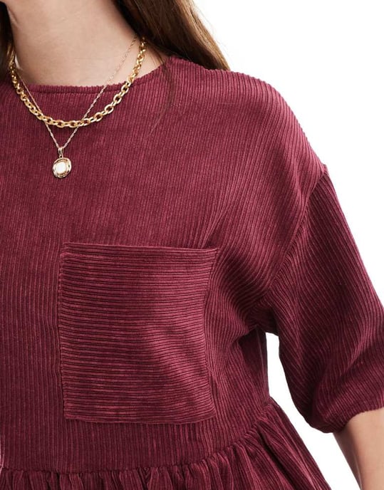 ASOS DESIGN cord t-shirt mini dress in burgundy - Image 4