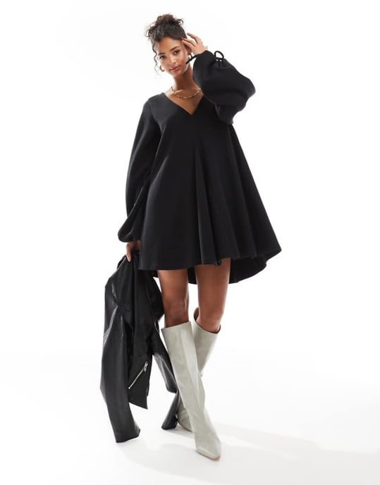 ASOS DESIGN supersoft v-neck flare hem skirt mini dress with tie sleeve in black - Image 1