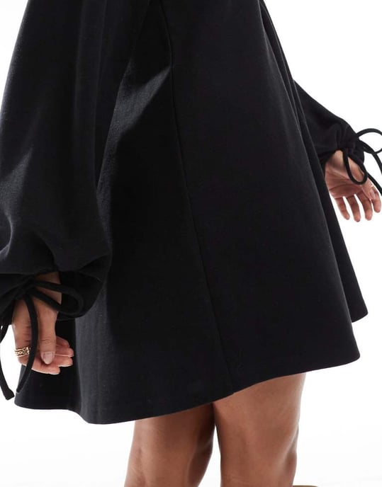 ASOS DESIGN supersoft v-neck flare hem skirt mini dress with tie sleeve in black - Image 3