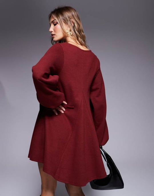 ASOS DESIGN supersoft v-neck flare hem skirt mini dress with tie sleeve in rust - Image 2