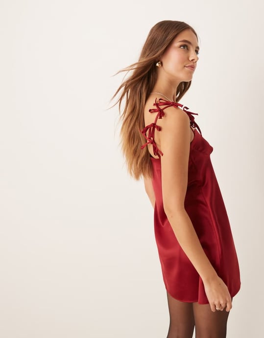 ASOS DESIGN bow strap satin mini dress in red - Image 3
