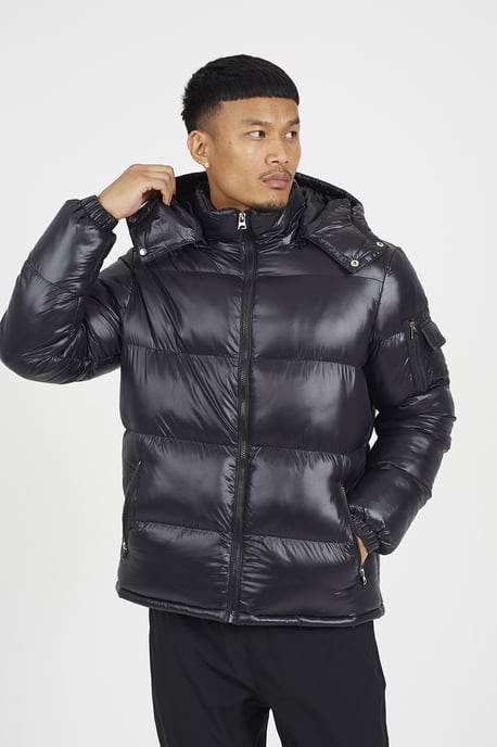 Black Hooded Padded Puffer Jacket With Detachable Hood - Image 1