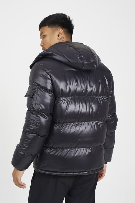 Black Hooded Padded Puffer Jacket With Detachable Hood - Image 2