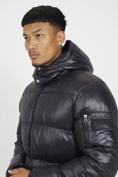 Black Hooded Padded Puffer Jacket With Detachable Hood - Image 4
