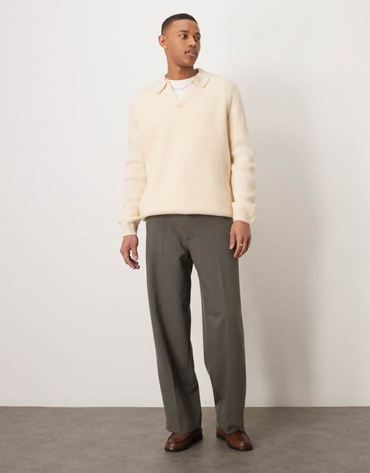 ASOS DESIGN oversized brushed knitted notch polo in oatmeal - Image 2