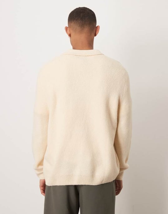 ASOS DESIGN oversized brushed knitted notch polo in oatmeal - Image 3