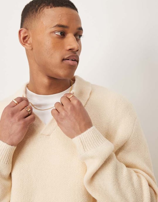ASOS DESIGN oversized brushed knitted notch polo in oatmeal - Image 4