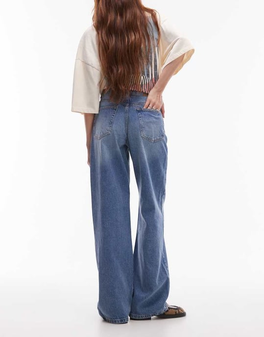 Topshop mid rise loose fit straight jean in mid blue - Image 2