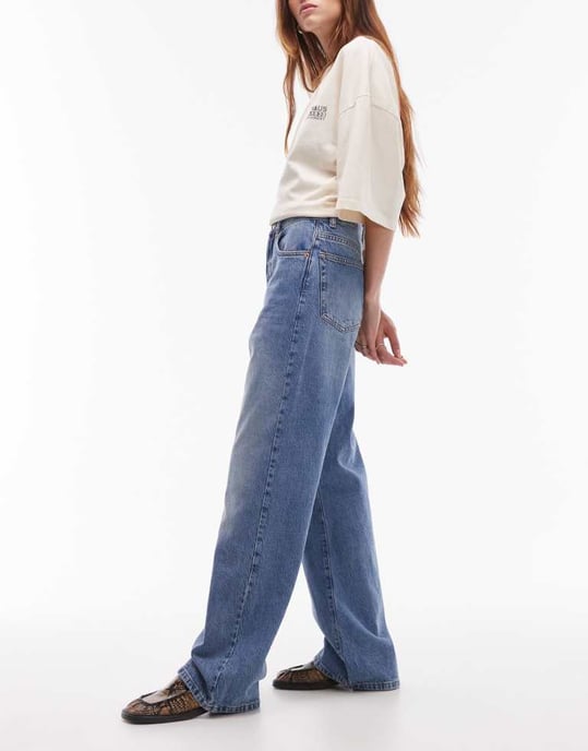 Topshop mid rise loose fit straight jean in mid blue - Image 3
