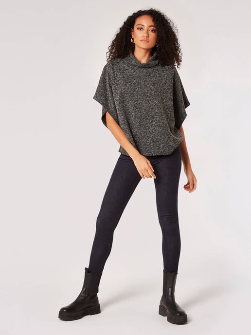 Apricot Roll Neck Jacquard Cape Top - Image 2