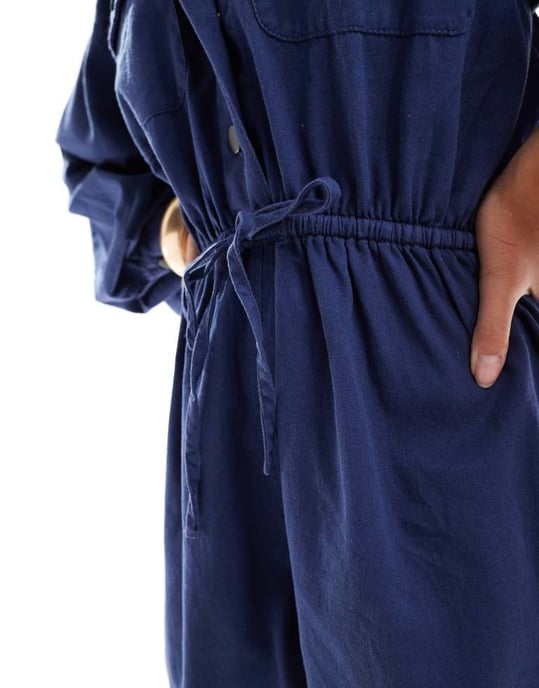 ASOS DESIGN banana sleeve cinched waist twill playsuit in navy - Image 3