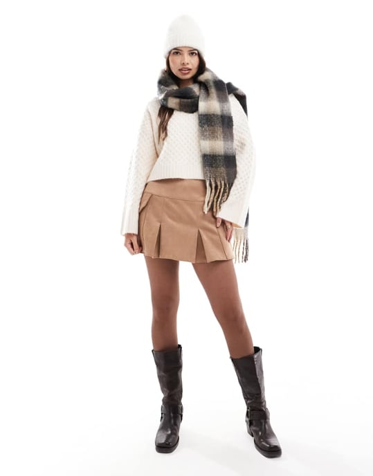 ASOS DESIGN faux suede pocket detail pleated mini skirt in tan - Image 3