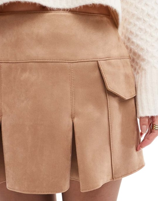 ASOS DESIGN faux suede pocket detail pleated mini skirt in tan - Image 4