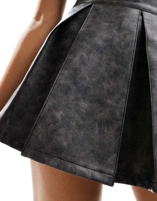 ASOS DESIGN leather look pleated mini skirt in washed grey - GREY - Image 3