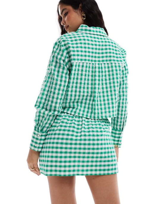ASOS DESIGN tie waist linen look skirt co-ord in green gingham - Image 2