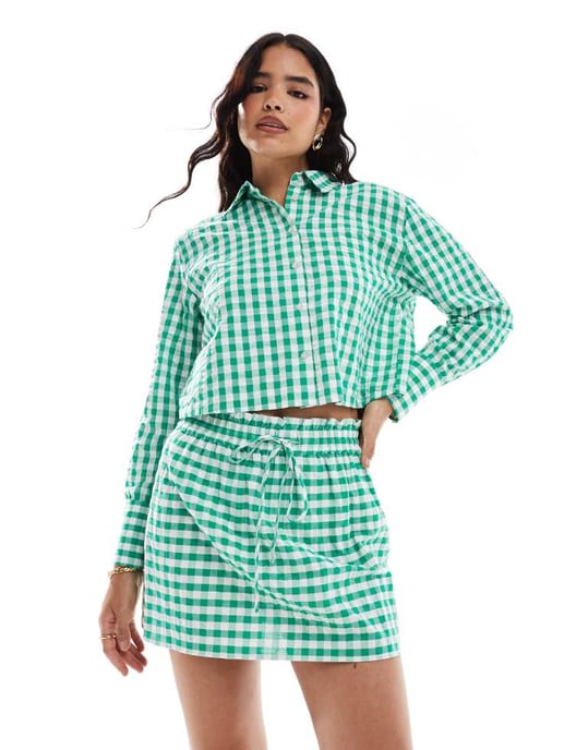 ASOS DESIGN tie waist linen look skirt co-ord in green gingham - Image 3