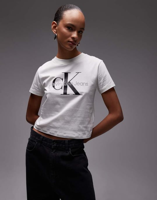 Calvin Klein Jeans monologo baby tee in off white - Image 3