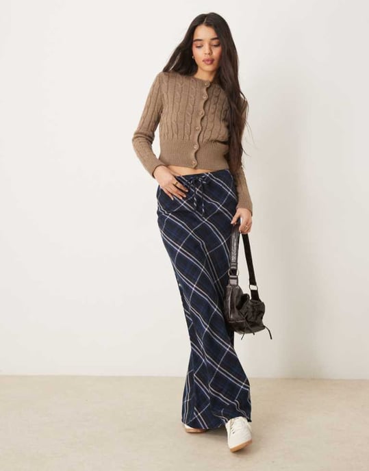 ASOS DESIGN tie waist maxi skirt in blue & pink check - Image 1