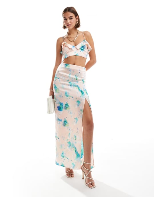 ASOS DESIGN satin maxi skirt co-ord in marble print - Image 1
