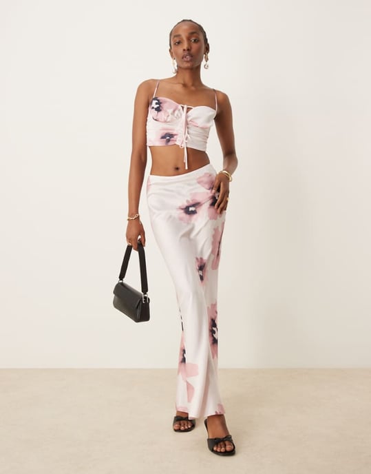ASOS DESIGN satin bias maxi skirt co-ord in watercolour floral - Image 1