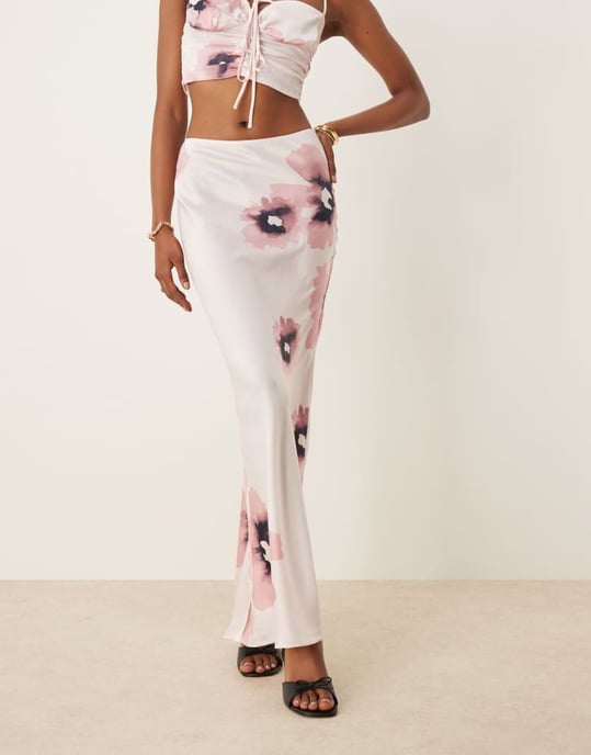 ASOS DESIGN satin bias maxi skirt co-ord in watercolour floral - Image 3
