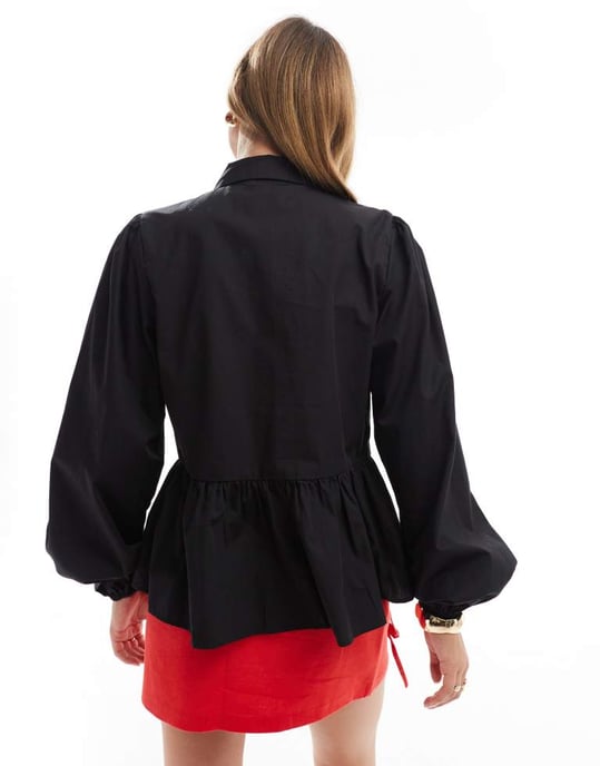 ASOS DESIGN cotton poplin smock shirt with tie pocket in black - Image 4