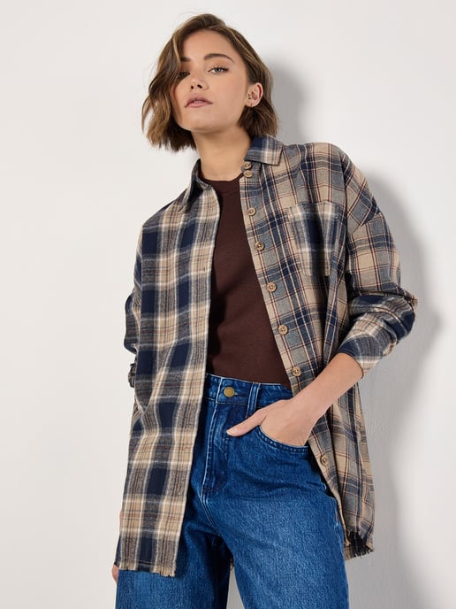 Apricot Mixed Check Oversized Shirt - Image 1