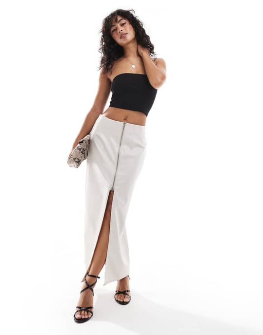 ASOS DESIGN leather look zip detail midi skirt in cream - Image 1